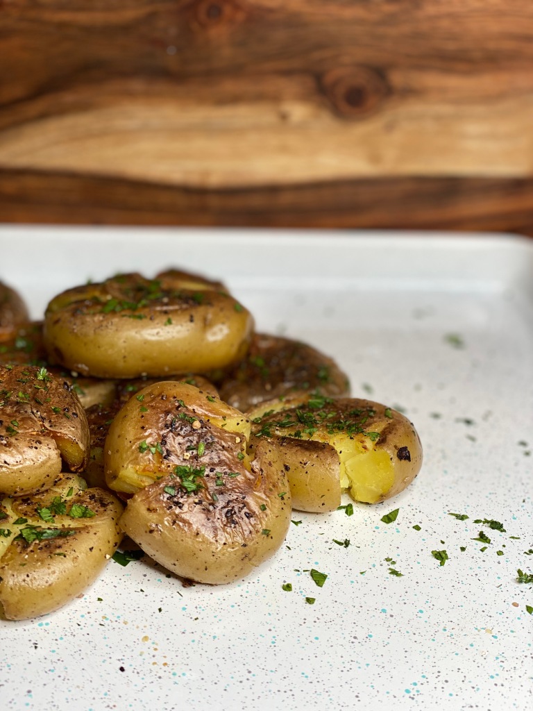 Simple smashed potato recipe with golden potatoes.
